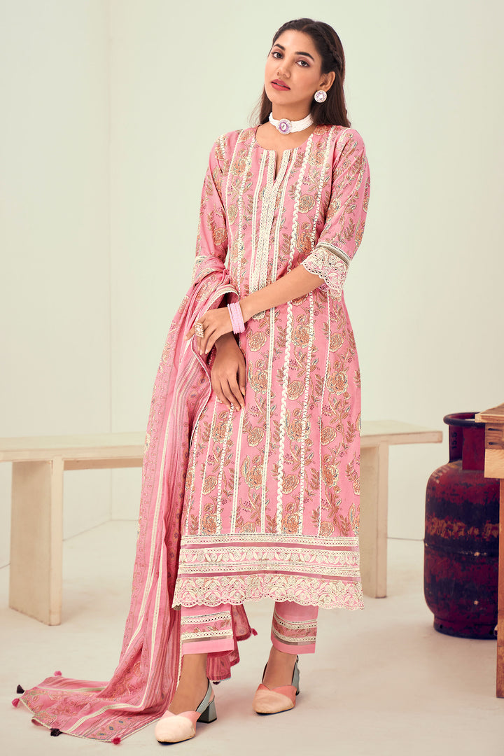 Pure Cotton Block Print With Embroidery Work Long Salwar Kameez In Pink Color