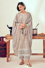 Load image into Gallery viewer, Pure Cotton Block Print With Embroidery Work Long Salwar Suit In Grey Color
