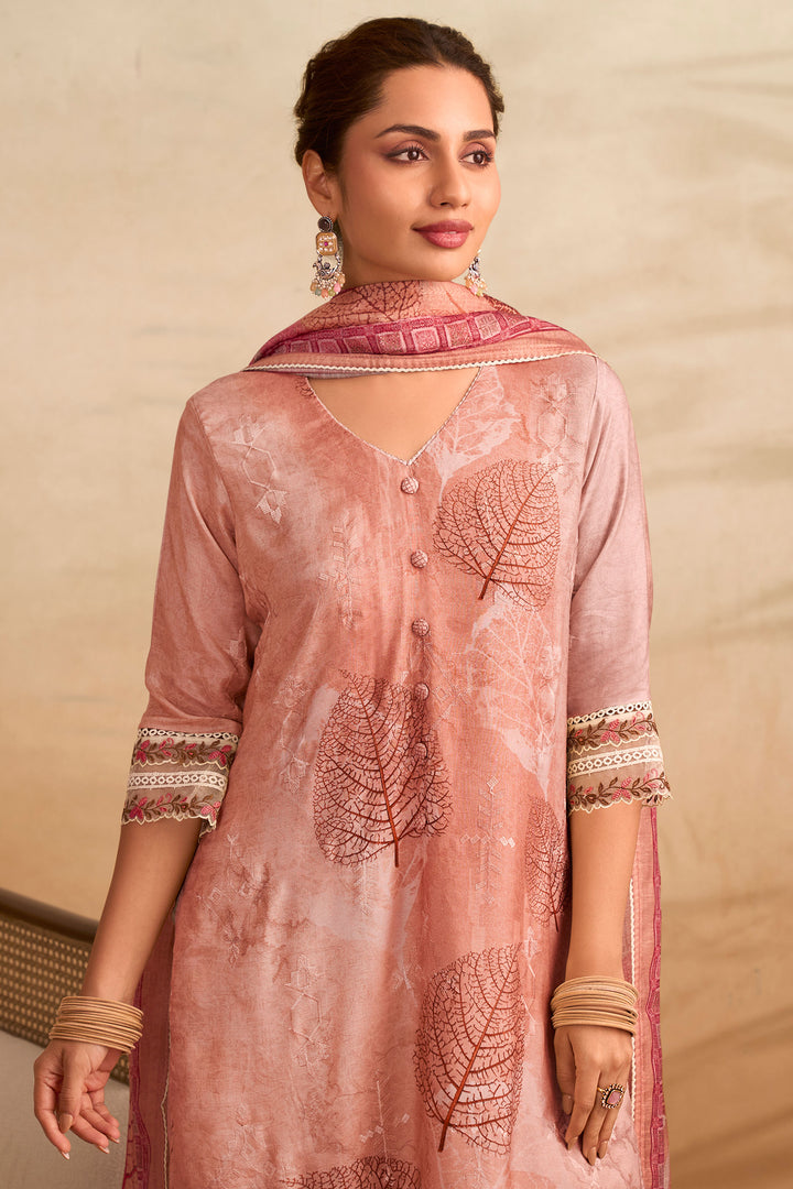Designer Muslin Daily Wear Salwar Kameez With Embroidery Lace Work And Printed Dupatta