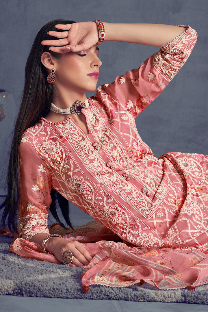 Pure Organza Pink Heavy Lakhnavi Embroidered Long Straight Cut Salwar Suit