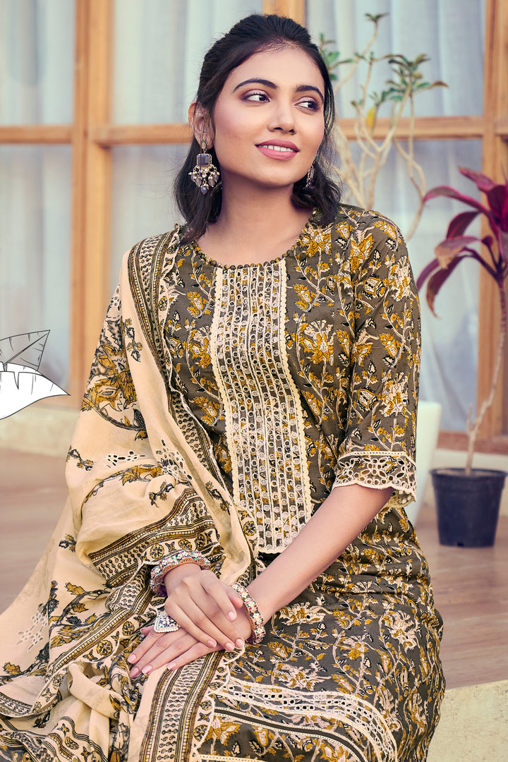 Dark Beige Pure Cotton Block Print Long Straight Cut Salwar Suit