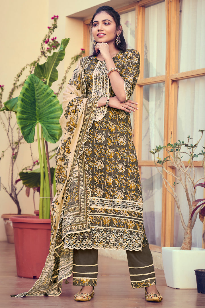 Dark Beige Pure Cotton Block Print Long Straight Cut Salwar Suit