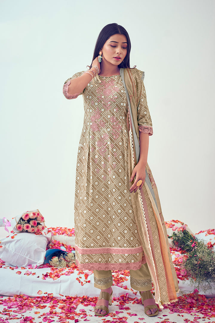 Brown Pure Cotton Block Print With Embroidery Work Casual Salwar Suit