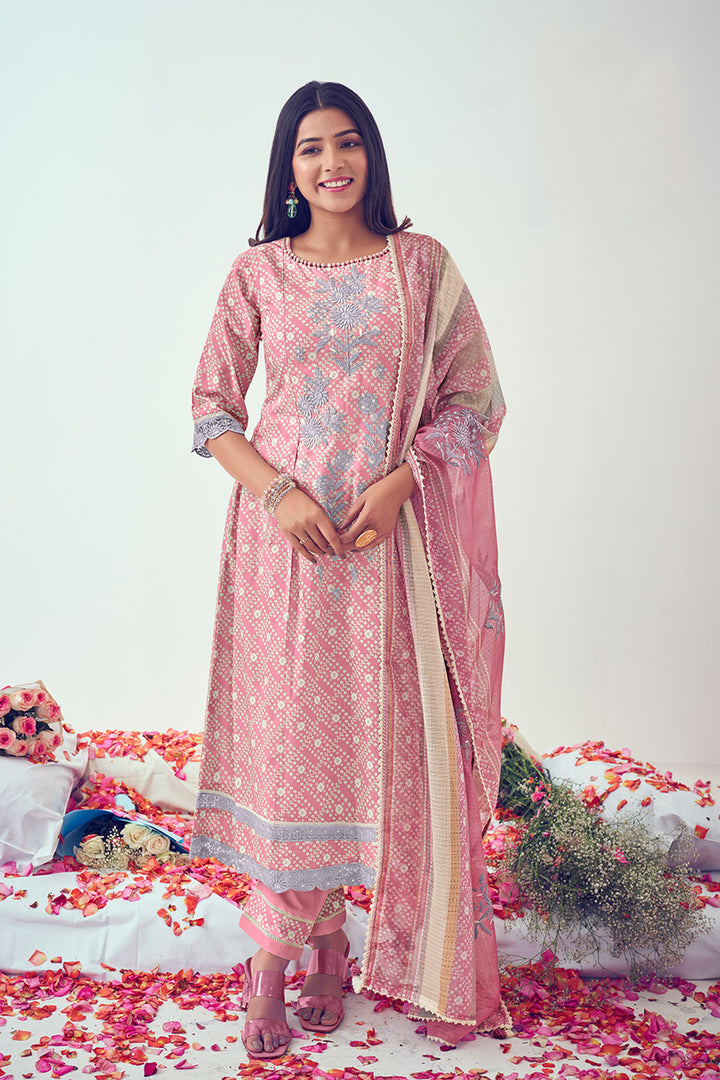 Pink Pure Cotton Block Print With Embroidery Work Casual Suit