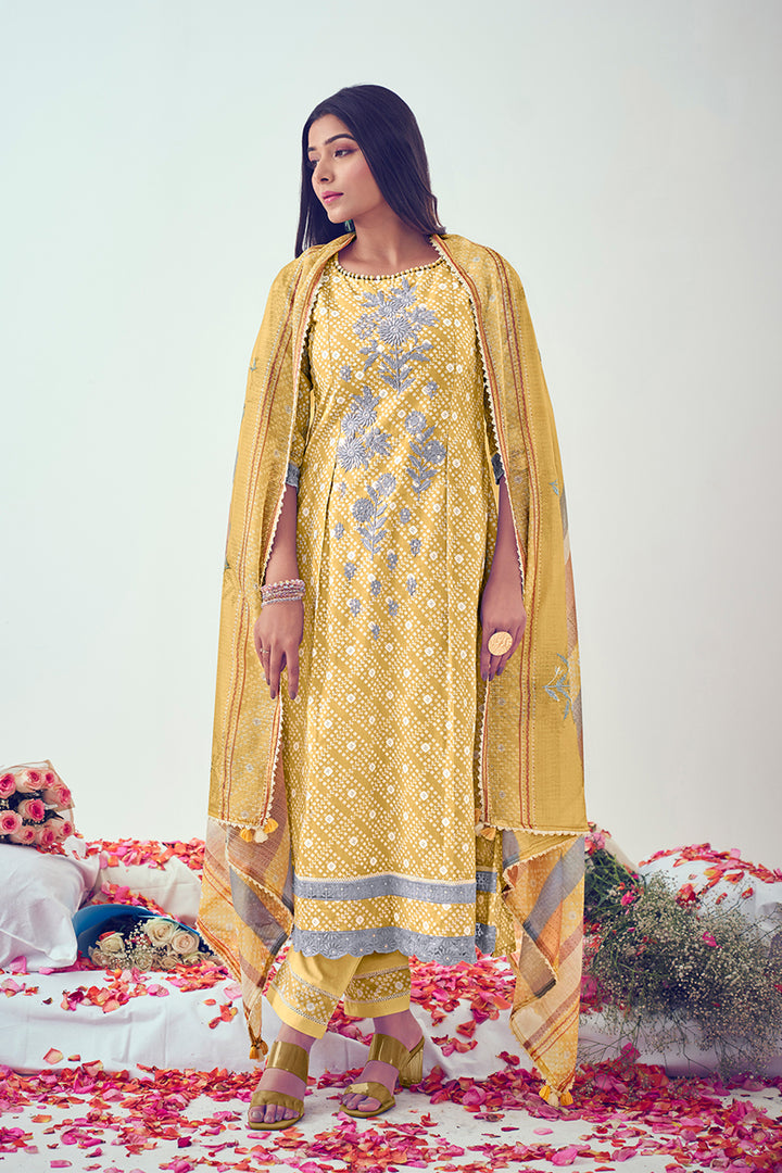 Yellow Pure Cotton Block Print With Embroidery Work Casual Dress