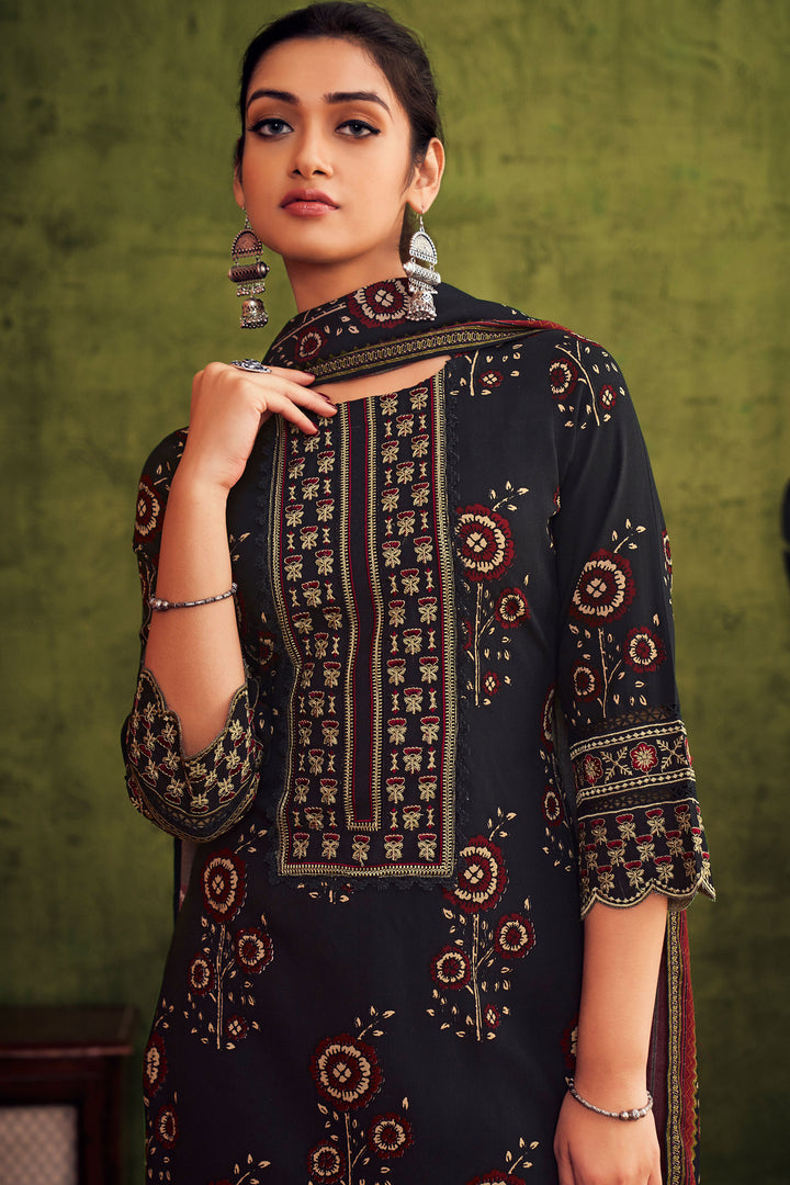 Black Pure Pashmina Digital Print Straight Cut Salwar Suit