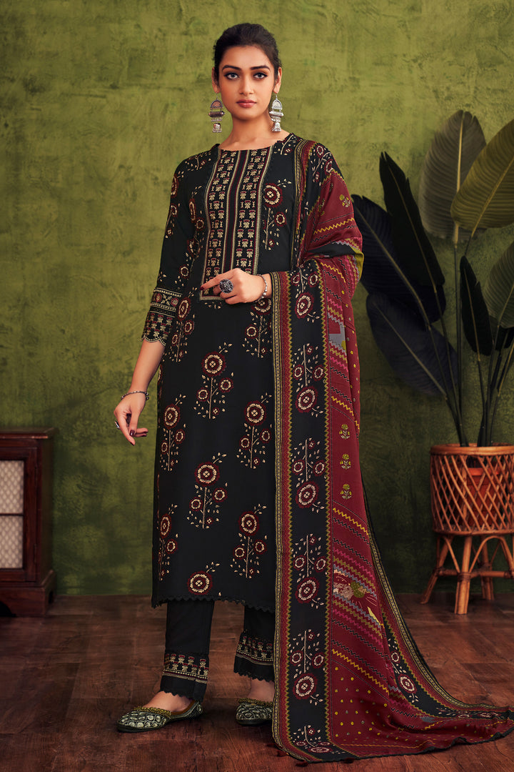 Black Pure Pashmina Digital Print Straight Cut Salwar Suit