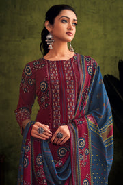 Maroon Pure Pashmina Digital Print Straight Cut Dress