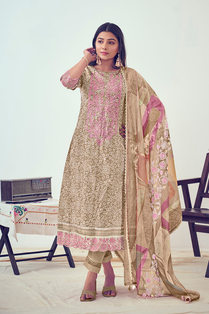 Brown Pure Cotton Block Print With Embroidery Work Salwar Kameez
