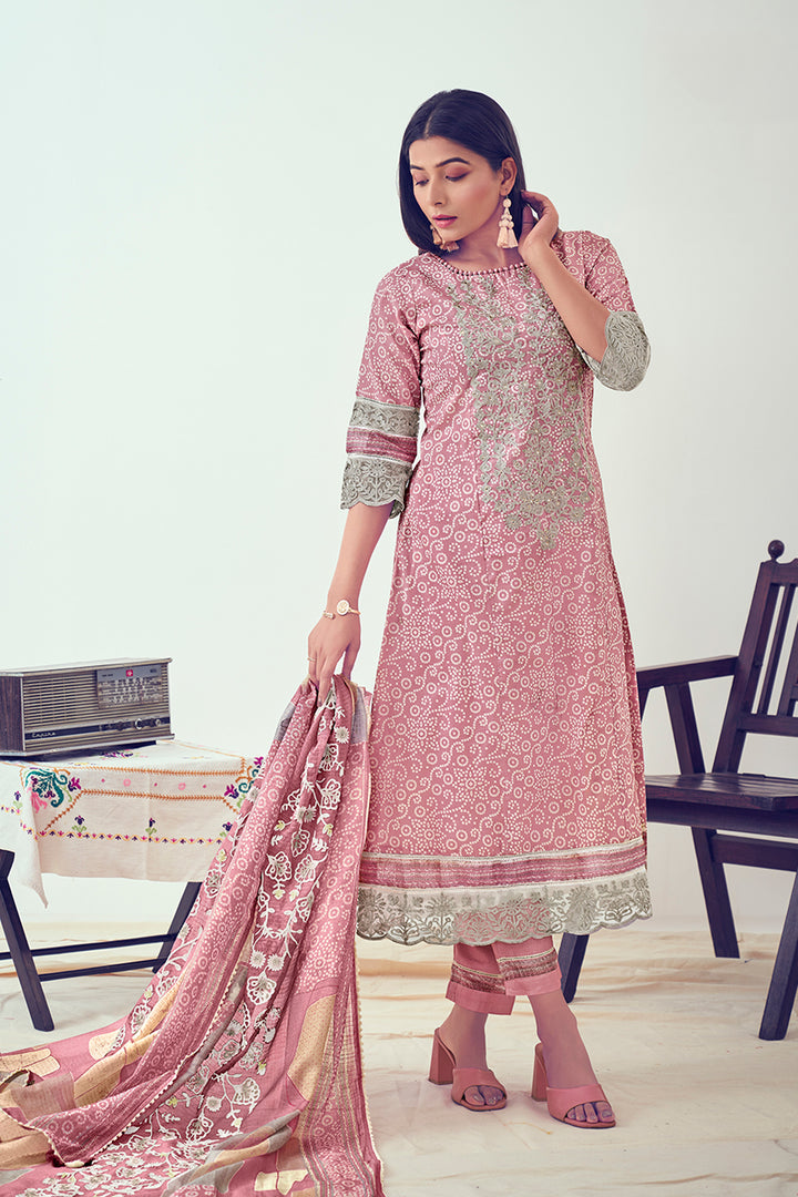 Pink Pure Cotton Block Print With Embroidery Work Salwar Suit