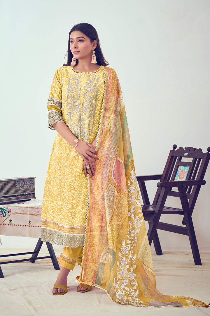 Yellow Pure Cotton Block Print With Embroidery Work Dress