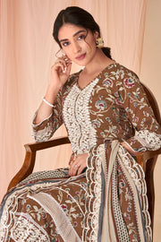 Brown Color Pure Cotton Block Print With Embroidery Work Salwar Suit