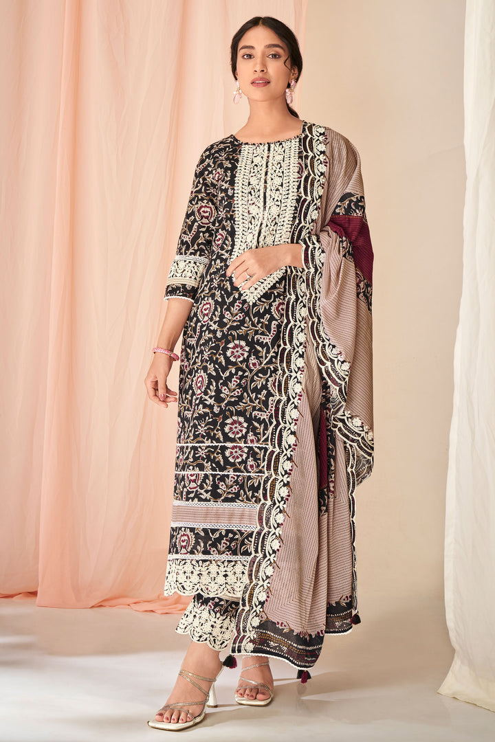 Black Pure Cotton Block Print With Embroidery Work Suit