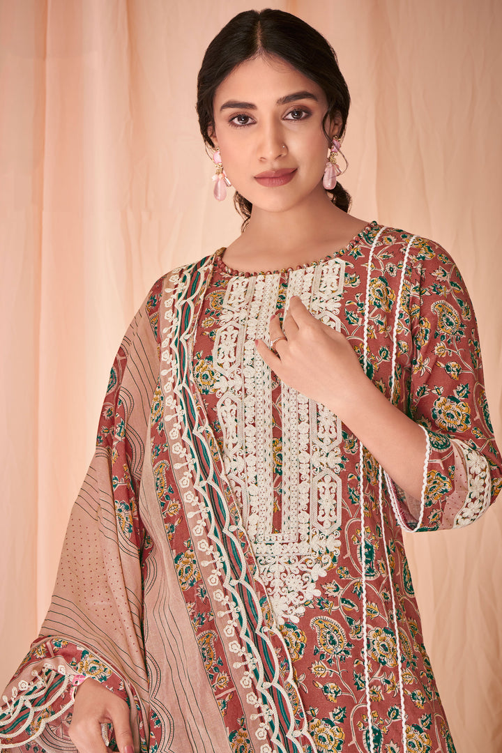 Pure Cotton Block Print With Embroidery Work Salwar Kameez In Rust Color