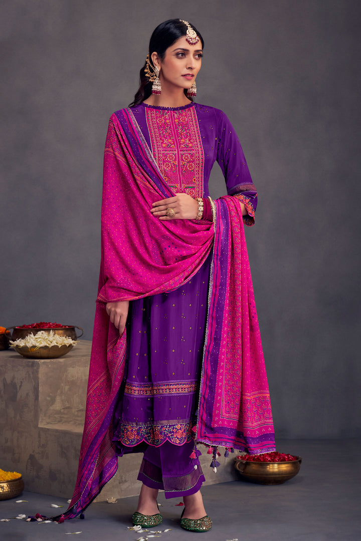 Pure Natural Crepe Gold Print With Embroidery Work Designer Salwar Suit In Purple Color