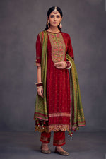 Load image into Gallery viewer, Red Pure Natural Crepe Gold Print With Embroidery Work Designer Suit
