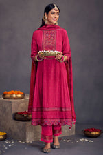 Load image into Gallery viewer, Pure Natural Crepe Gold Print With Embroidery Work Designer Salwar Kameez In Rani Color
