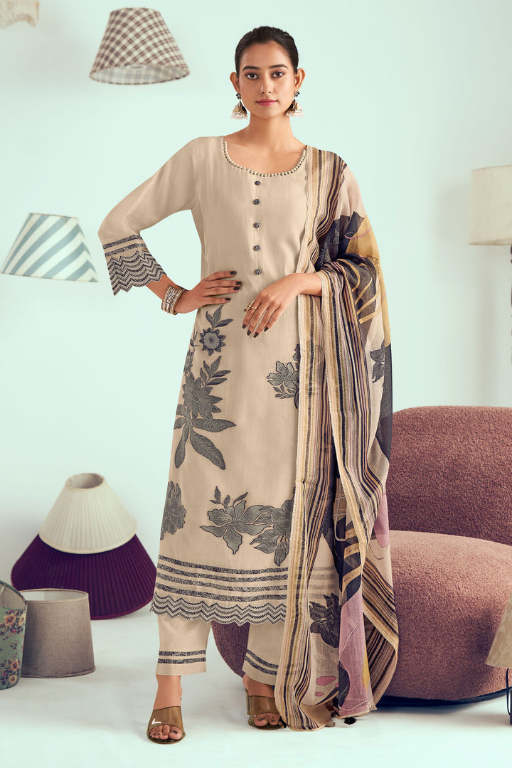 Traditional Malai Chanderi Jacquard Salwar Kameez Set With Cotton Bottom