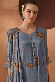 Designer Chinon Silk Printed Salwar Kameez With Lace Dupatta