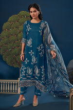 Load image into Gallery viewer, Pure Burberry Silk Digital Print Designer Salwar Kameez In Teal Color
