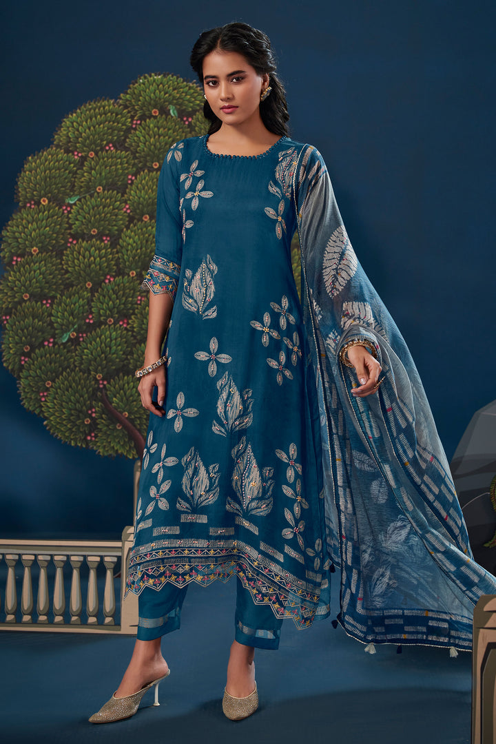 Pure Burberry Silk Digital Print Designer Salwar Kameez In Teal Color