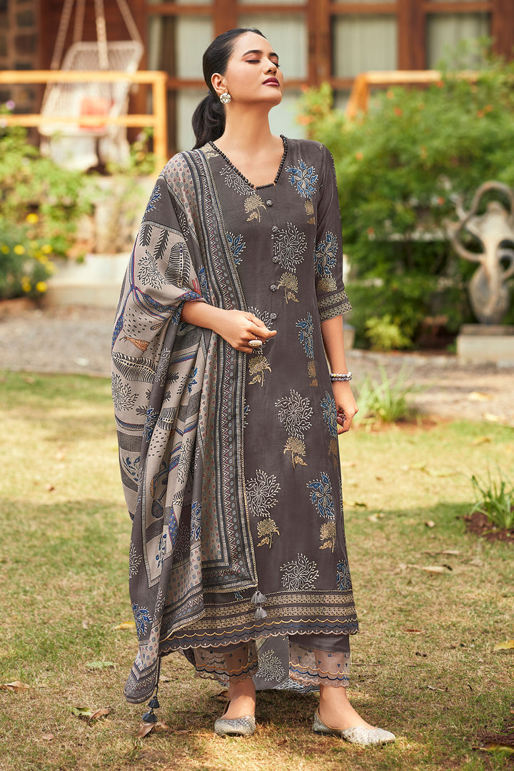 Pure Ajrak Print On Pure Muslin Jacquard Silk Long Straight Cut Salwar Kameez