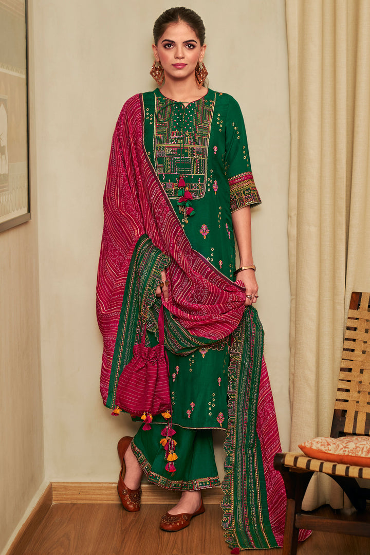 Dark Green Pure Bemberg Silk Fancy Placement Embroidery Palazzo Salwar Kameez