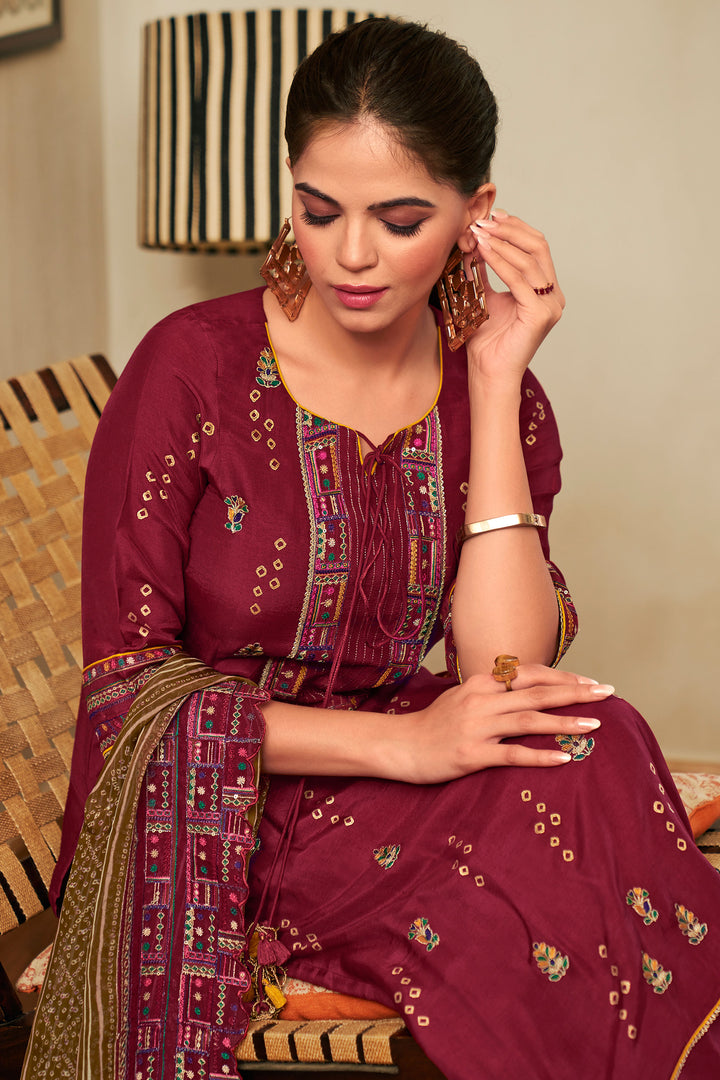 Maroon Pure Bemberg Silk Fancy Placement Embroidery Palazzo Salwar Suit