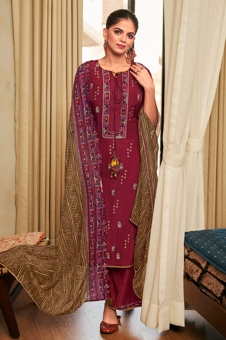 Maroon Pure Bemberg Silk Fancy Placement Embroidery Palazzo Salwar Suit