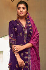 Load image into Gallery viewer, Purple Pure Bemberg Silk Fancy Placement Embroidery Palazzo Suit