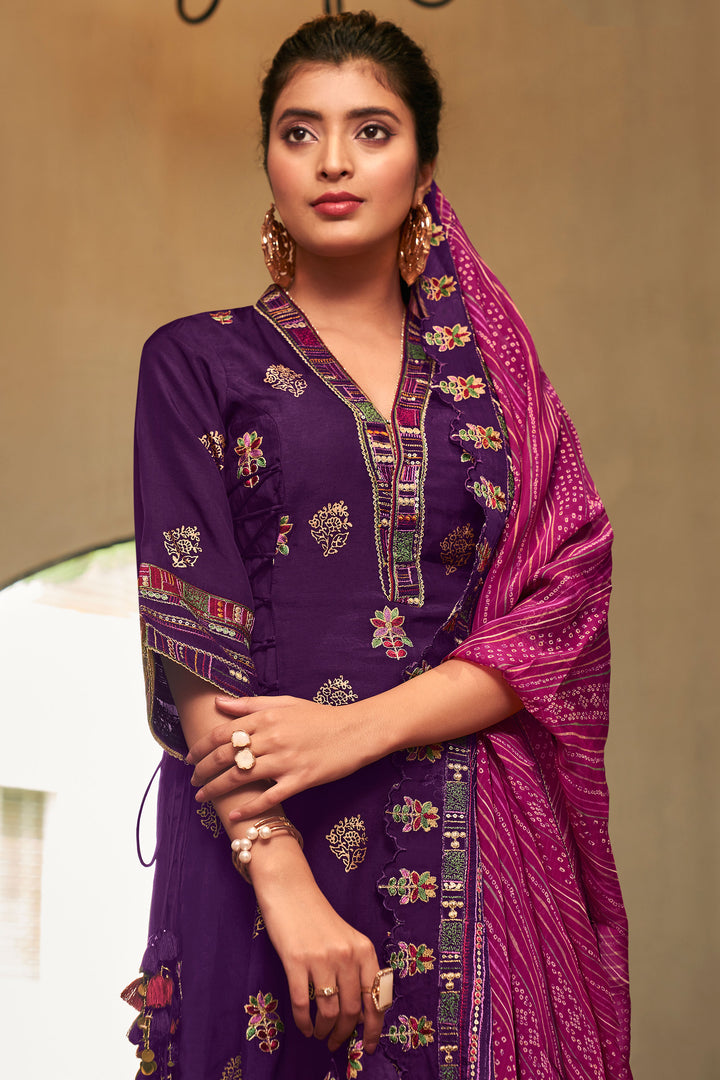 Purple Pure Bemberg Silk Fancy Placement Embroidery Palazzo Suit