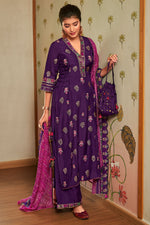 Load image into Gallery viewer, Purple Pure Bemberg Silk Fancy Placement Embroidery Palazzo Suit
