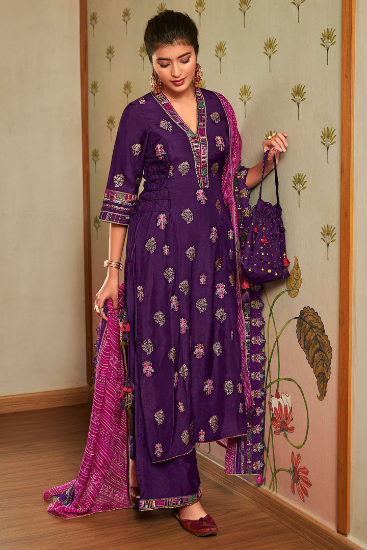 Purple Pure Bemberg Silk Fancy Placement Embroidery Palazzo Suit