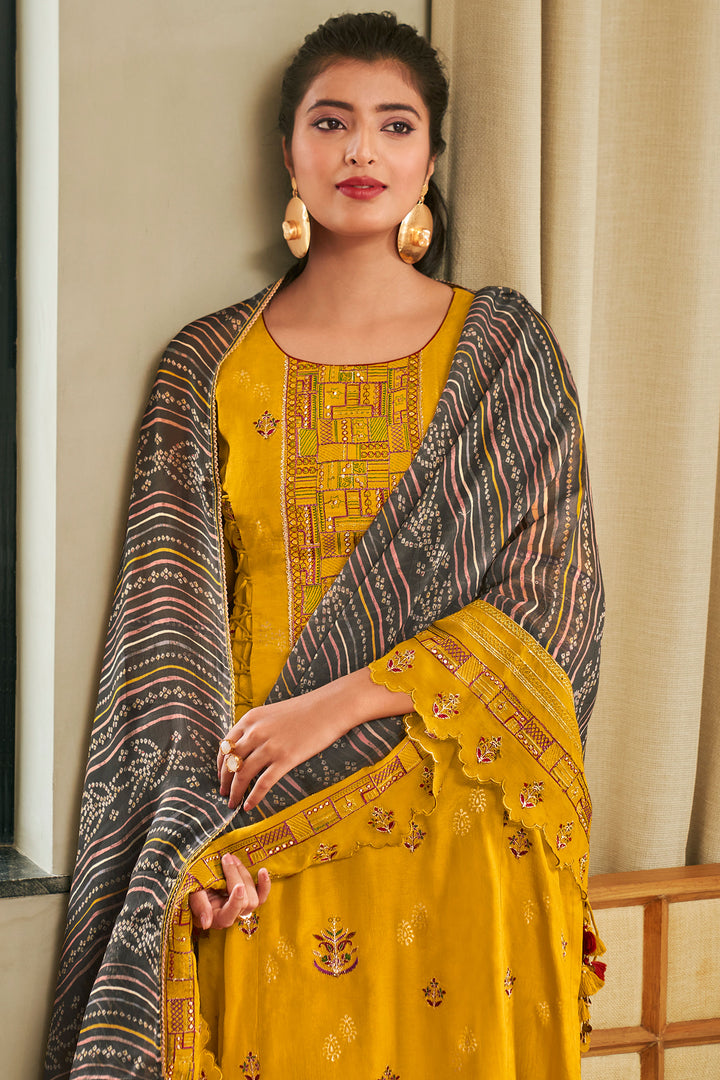 Yellow Pure Bemberg Silk Fancy Placement Embroidery Palazzo Dress