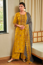 Load image into Gallery viewer, Yellow Pure Bemberg Silk Fancy Placement Embroidery Palazzo Dress