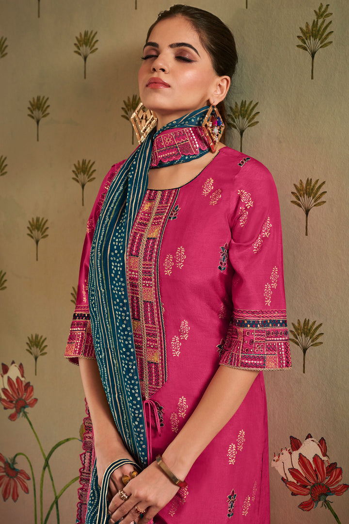 Pure Bemberg Silk Fancy Placement Embroidery Palazzo Salwar Suit In Magenta Color