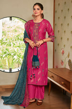 Load image into Gallery viewer, Pure Bemberg Silk Fancy Placement Embroidery Palazzo Salwar Suit In Magenta Color