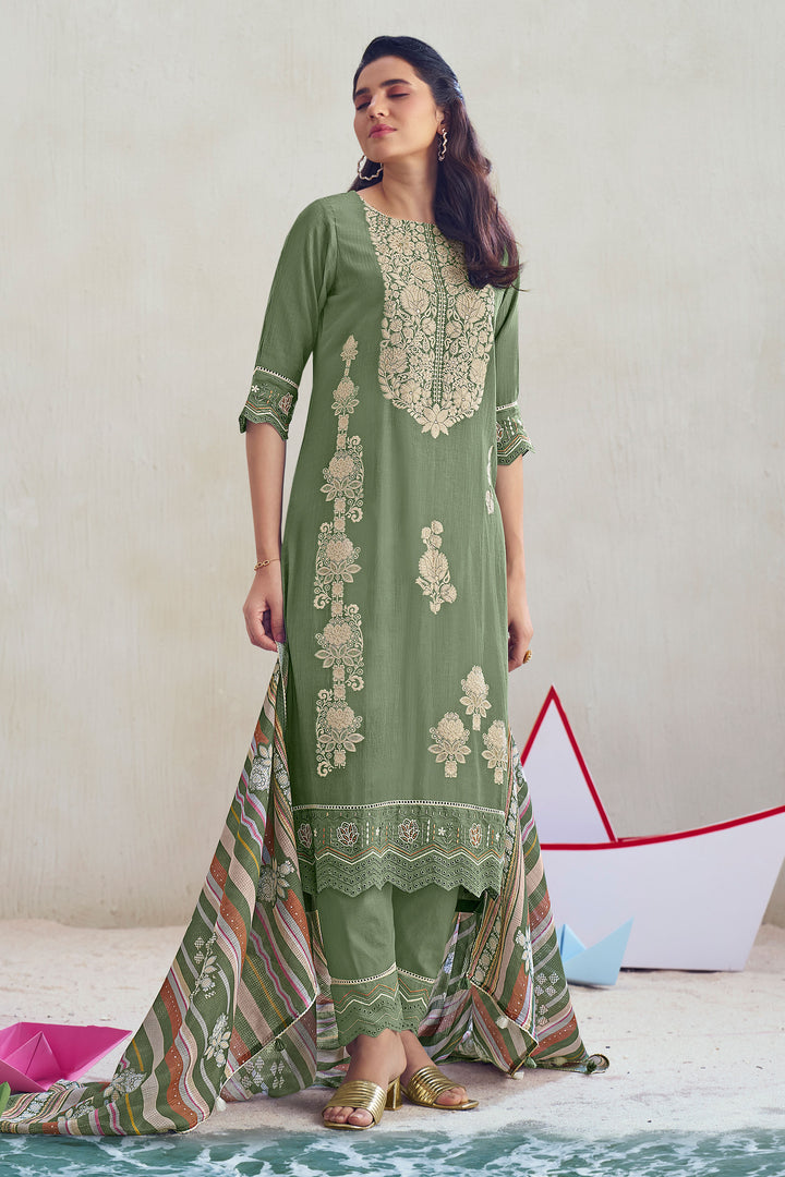 Designer Sea Green Straight Cut Salwar Suit In Mal Jacquard Fabric