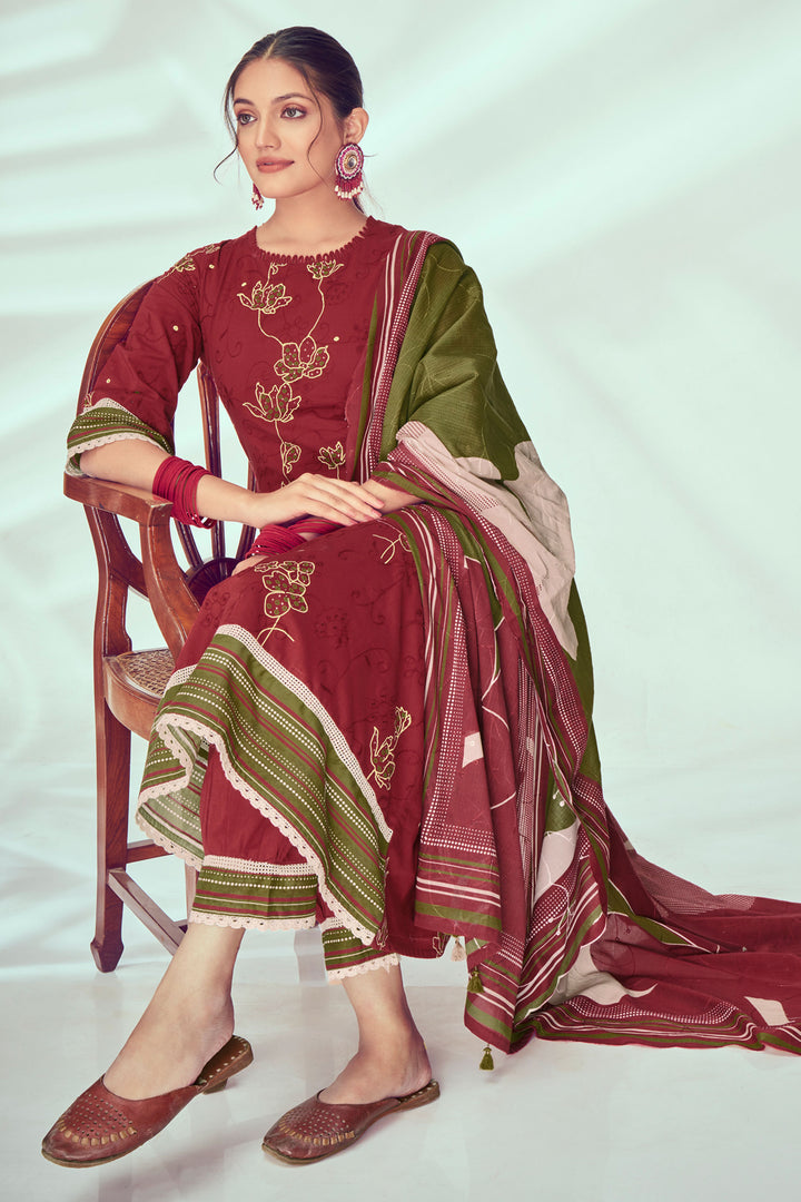 Pure Cotton Khadi Block Print Casual Salwar Kameez In Maroon Color