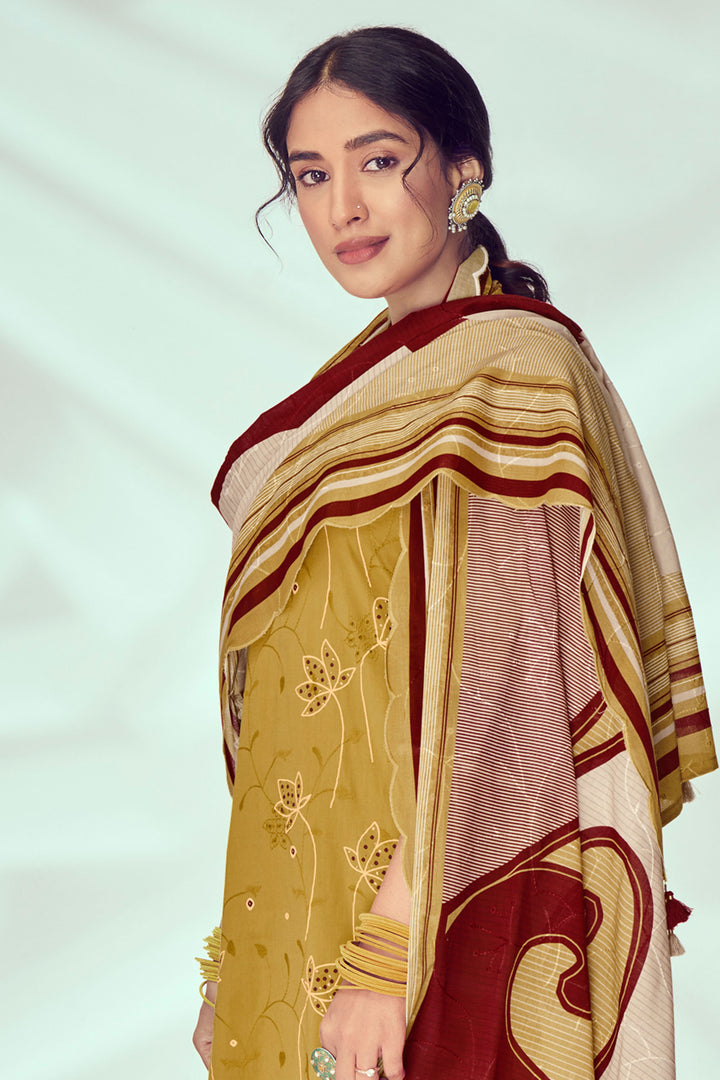 Pure Cotton Khadi Block Print Casual Salwar Suit In Mustard Color