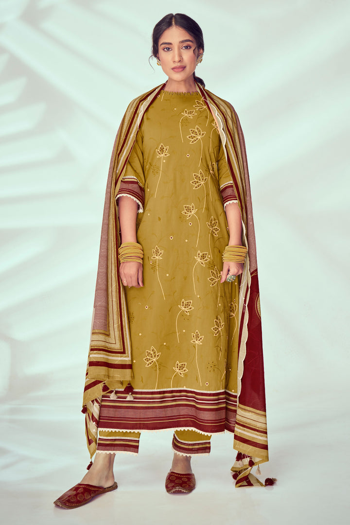 Pure Cotton Khadi Block Print Casual Salwar Suit In Mustard Color