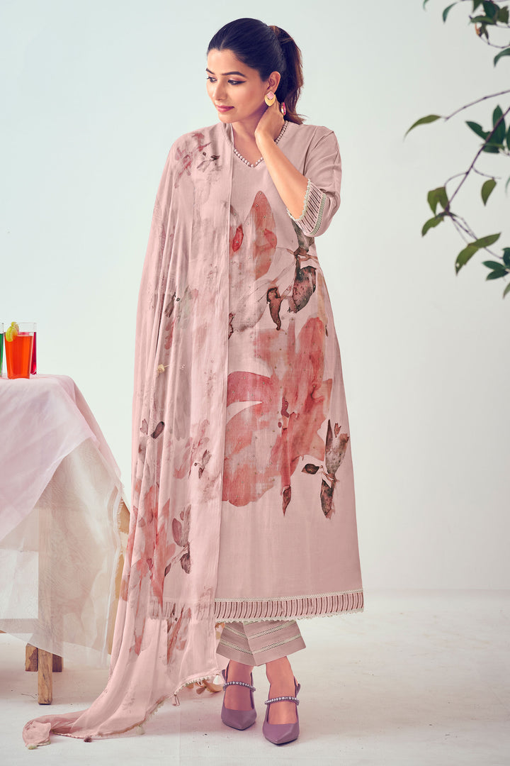 Pink Pure Cotton Digital Print With Diamond Work Daily Wear Salwar Kameez