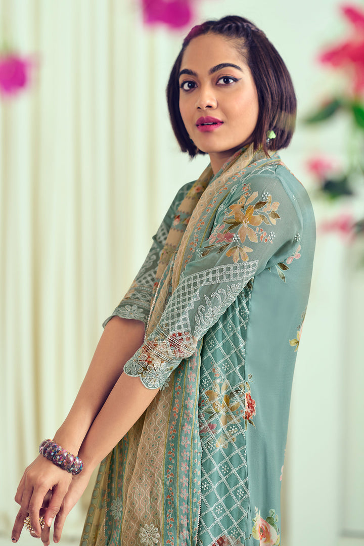 Pure Bemberg Georgette With Heavy Lucknow Embroidery Work Salwar Suit In Cyan Color