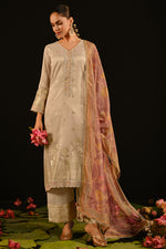 Load image into Gallery viewer, Beige Tissue Jacquard With Elegant Hand Embroidered Straight Cut Salwar Suit
