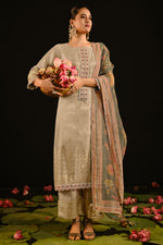 Load image into Gallery viewer, Tissue Jacquard Beige Hand Embroidered Straight Cut Suit
