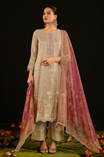 Load image into Gallery viewer, Tissue Jacquard Hand Embroidered Straight Cut Dress In Beige Color
