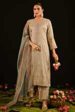 Load image into Gallery viewer, Beige Tissue Jacquard Hand Embroidered Salwar Kameez
