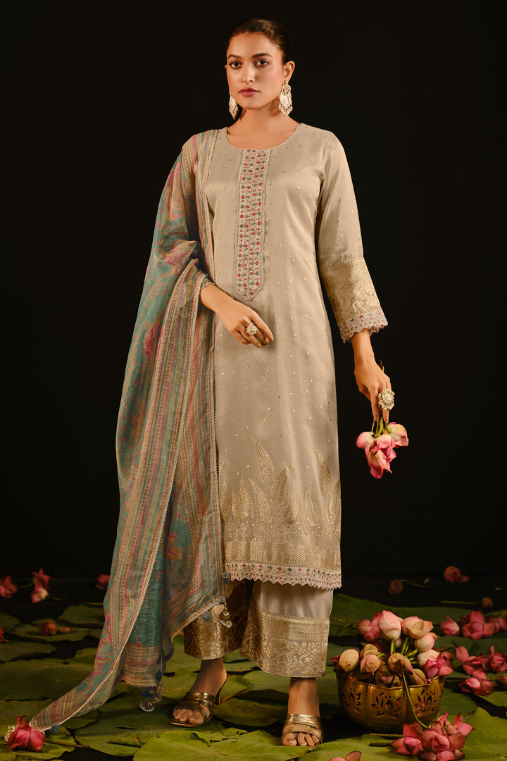 Beige Tissue Jacquard Hand Embroidered Salwar Kameez
