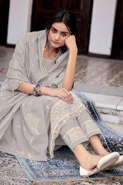 Grey Pure Cotton Embroidery Hand Block Print Salwar Suit