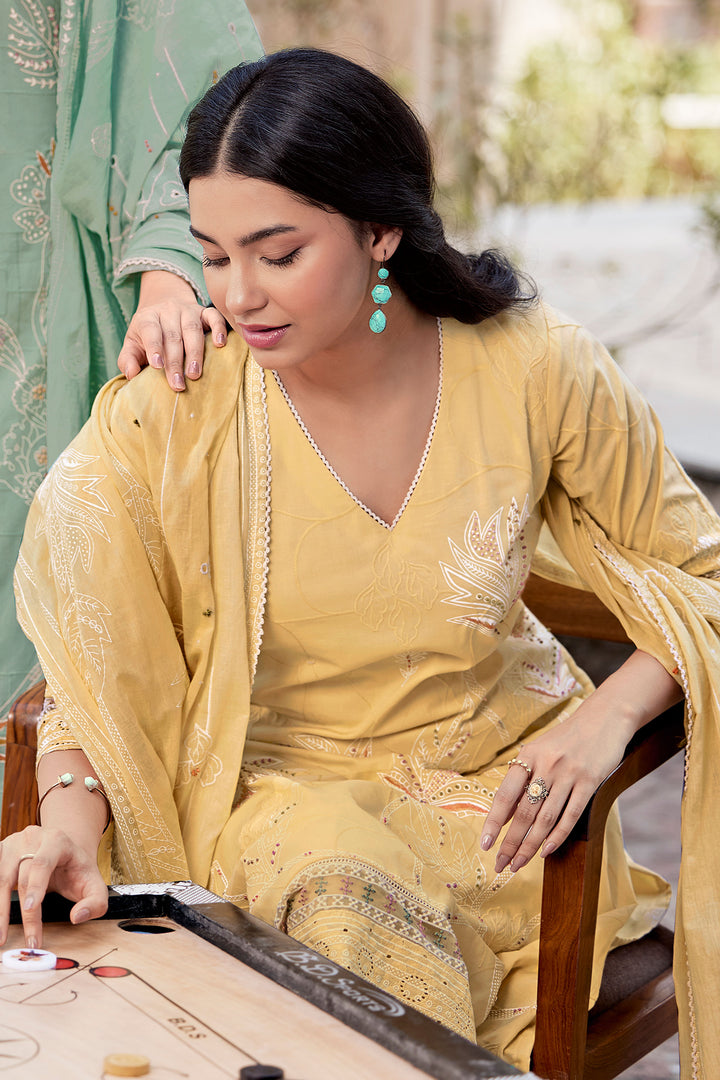 Yellow Pure Cotton Embroidery Hand Block Print Suit